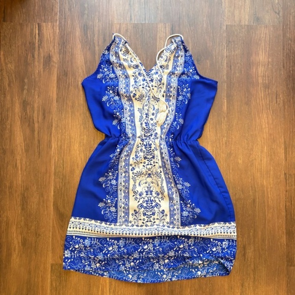 Blue White Scarf Print Border Dress Elastic Waist Keyhole Tie Sleeveless XS